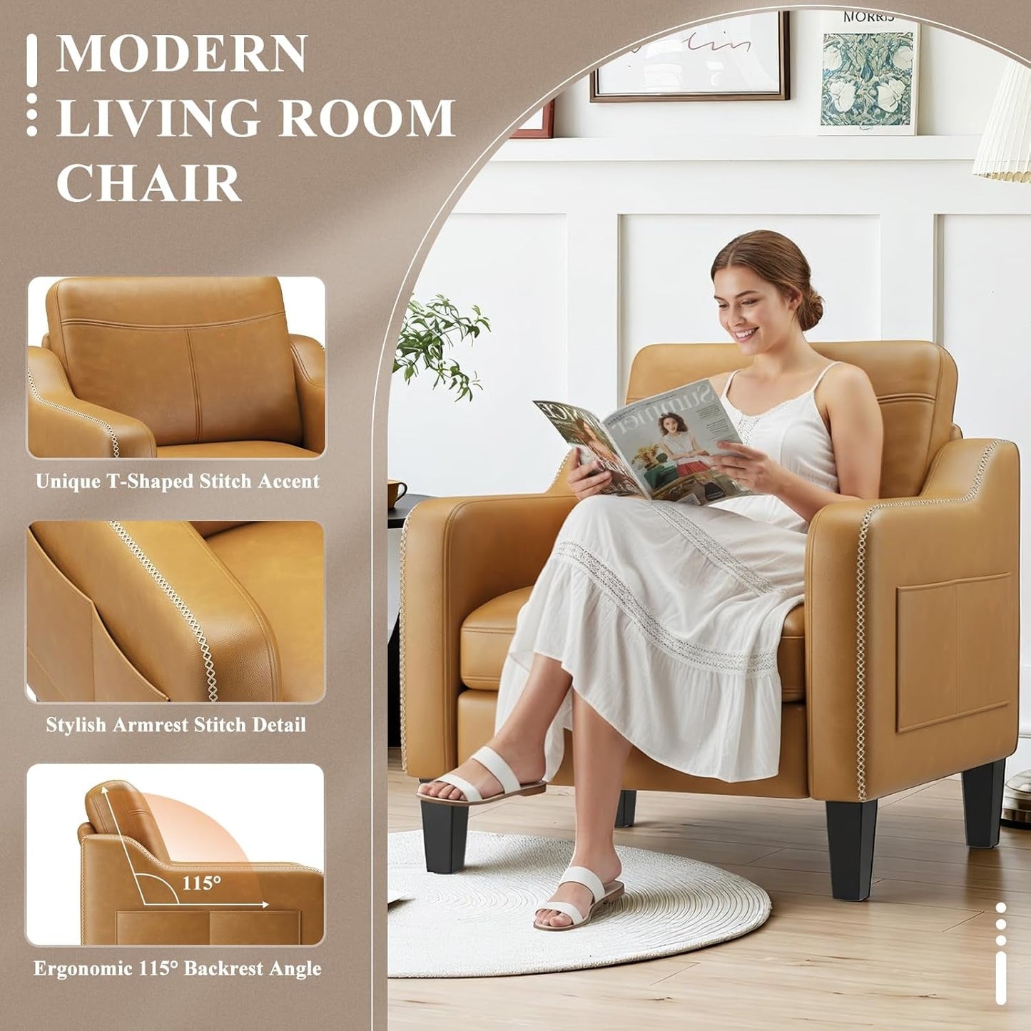 Brown PU Leather Accent Armchair With Removable Cushions