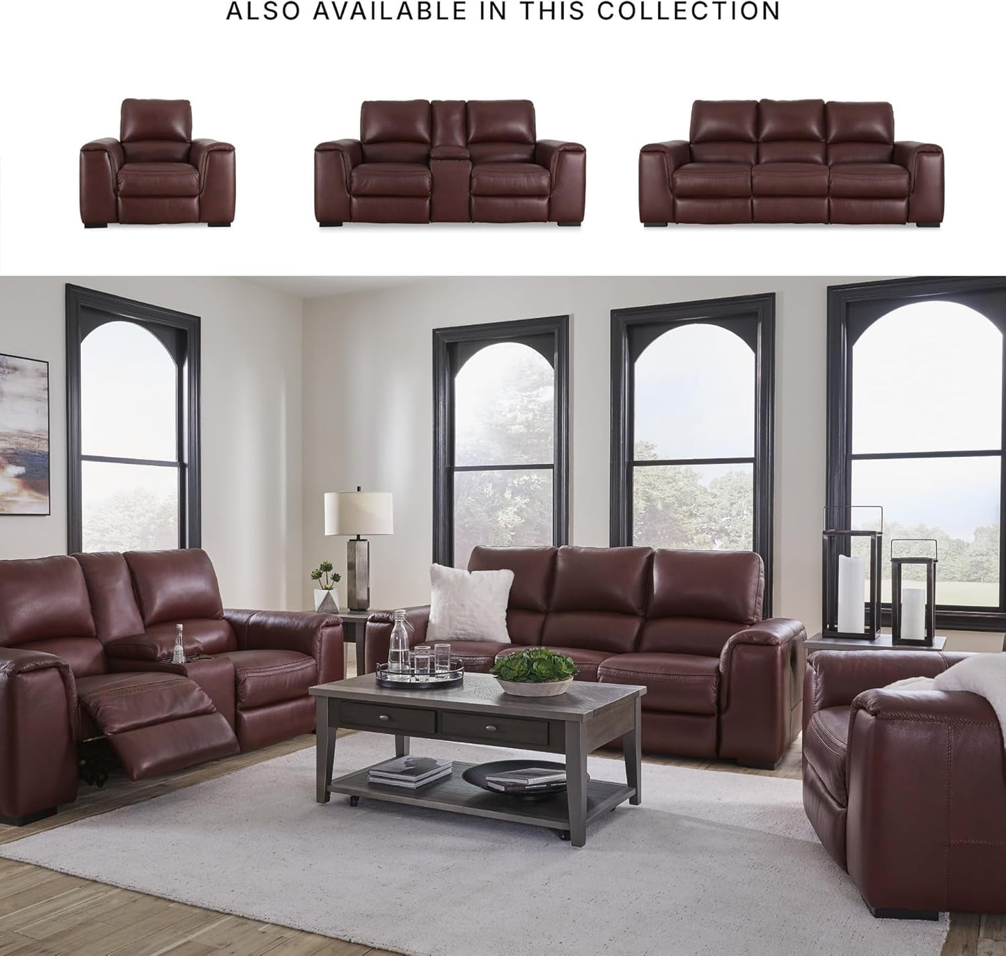 Garnet Leather Power Recliner Sofa Adjustable Headrest