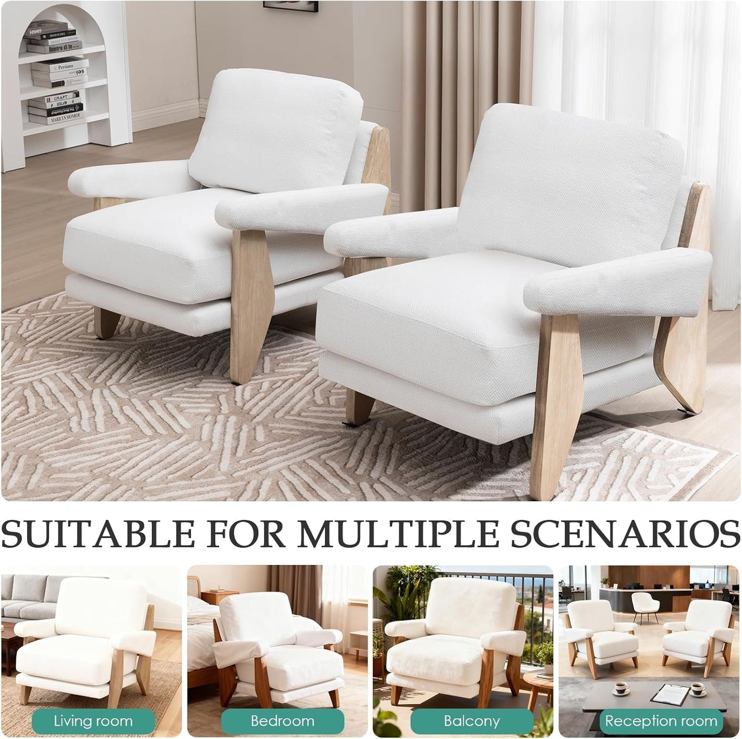 Ivory Chenille Accent Chair Solid Wood LivingRoomSet