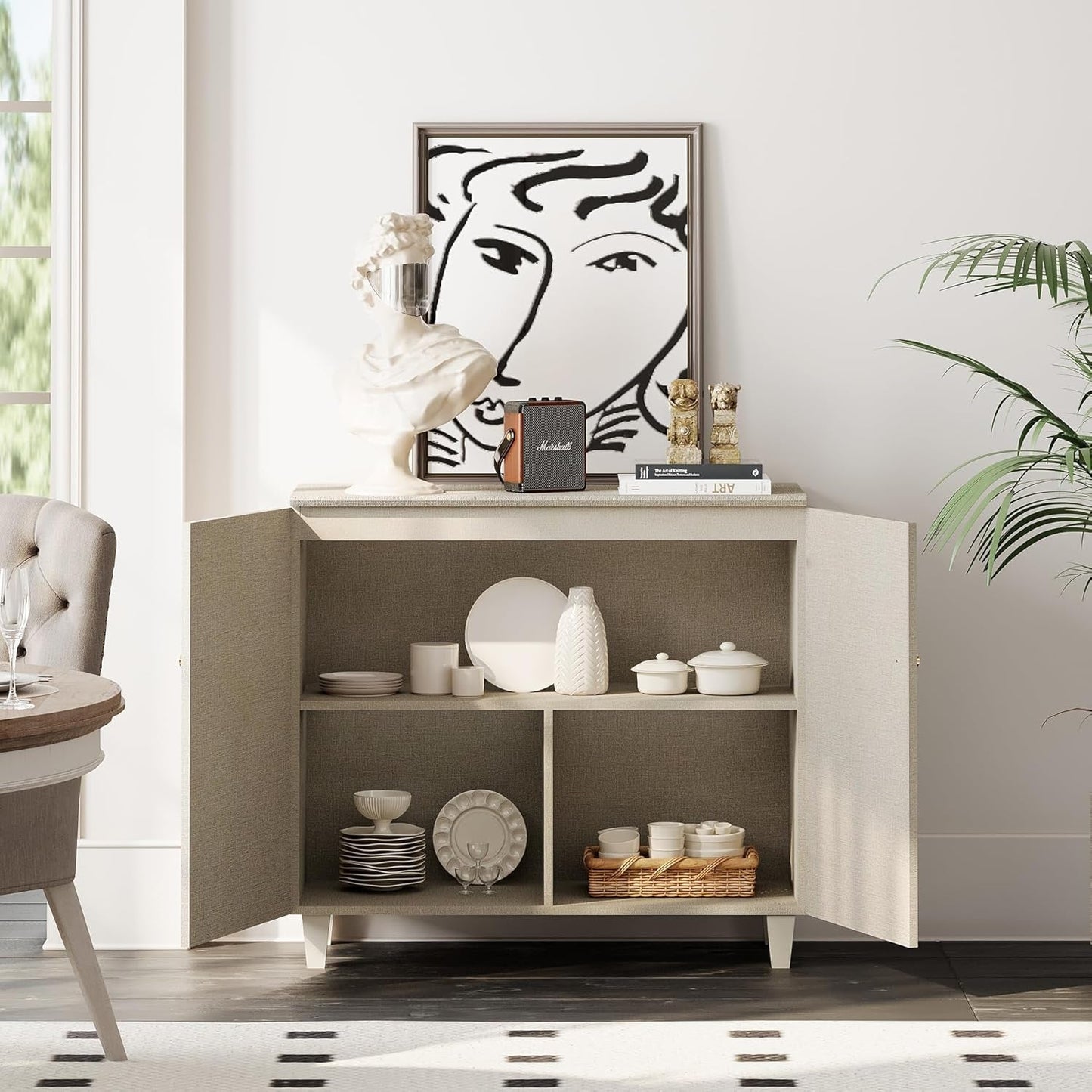 Beige Buffet Sideboard With Internal Storage Compartments