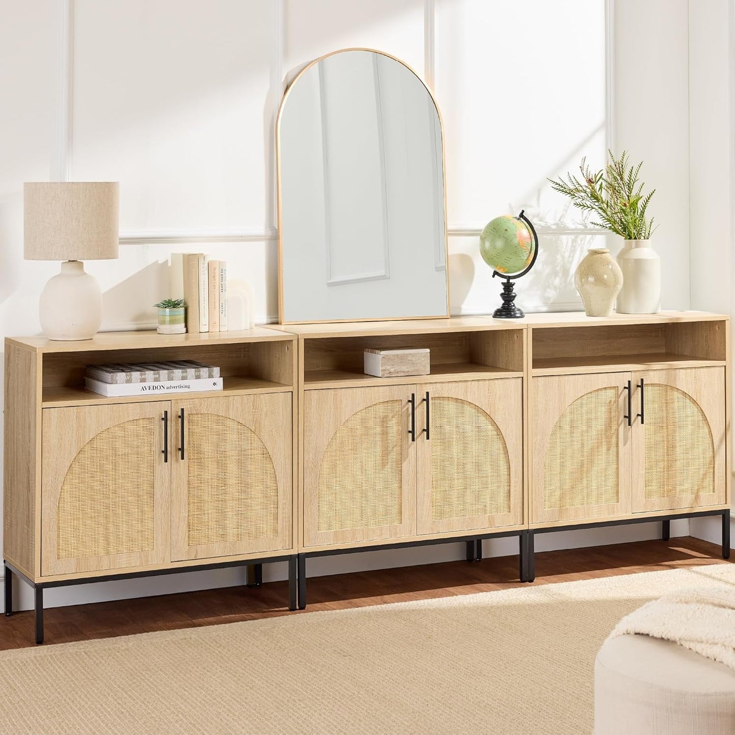 Rattan Sideboard Buffet Cabinet Natural Color Cord Cutout