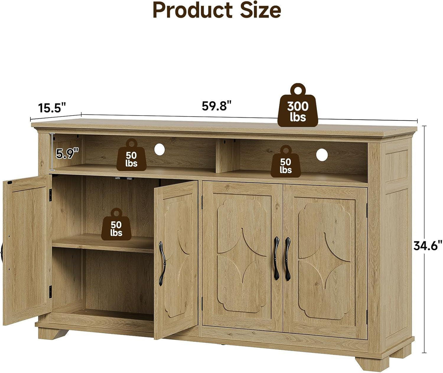 60 Inch Sideboard Buffet Cabinet With Open Storage