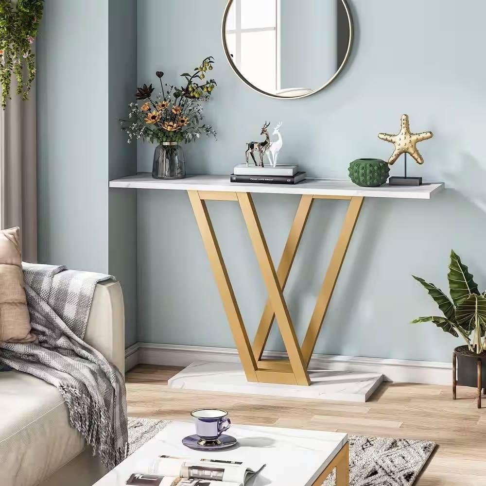 Modern Industrial Console Table with Faux White Marble Top and Gold Frame