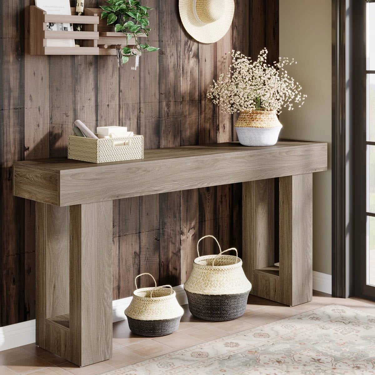 Modern Farmhouse 63-inch Entryway Console Sofa Table in Grey Wood Finish