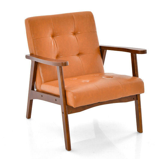 Mid Century Modern Accent Chair with Solid Rubber Wood Frame and Leather Cover-Brown