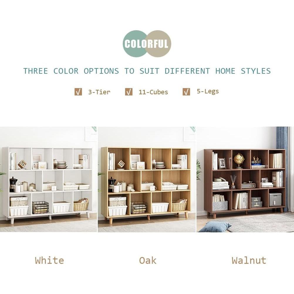 Open Cube Low Bookcase 3 Tier Freestanding Oak Finish