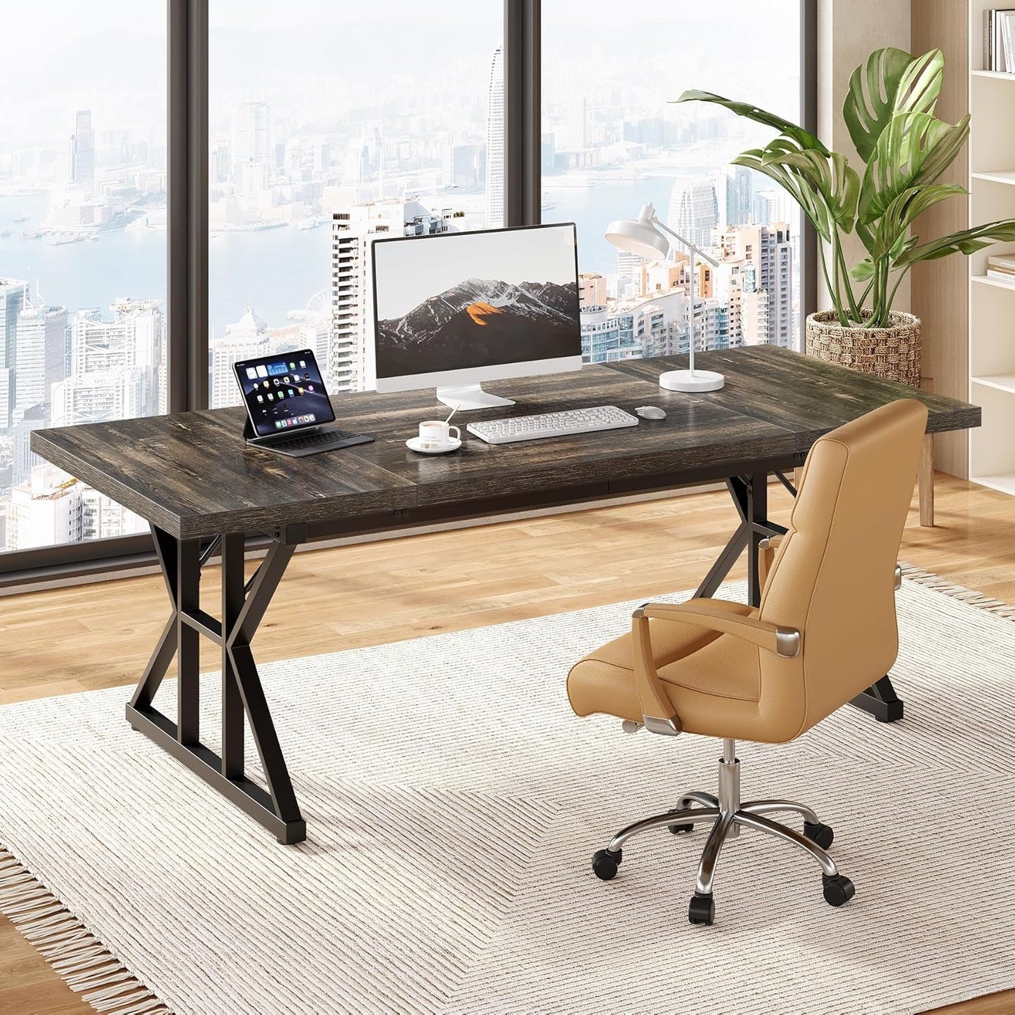 70.8 Inch Large Executive Desk Black Oak Wood Office Desk