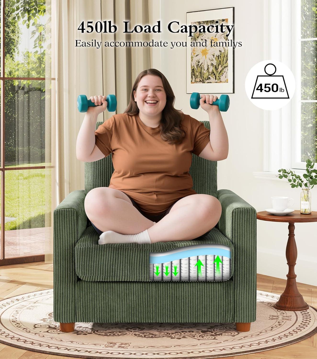 Green Corduroy Accent Chair With 22 Inch Deep Seat