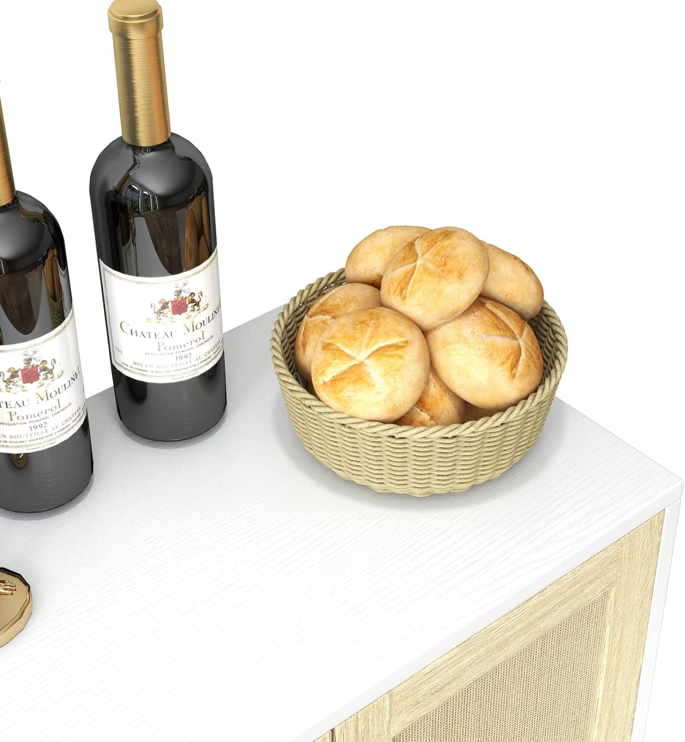 White Buffet Cabinet Sideboard With Rattan Doors Storage