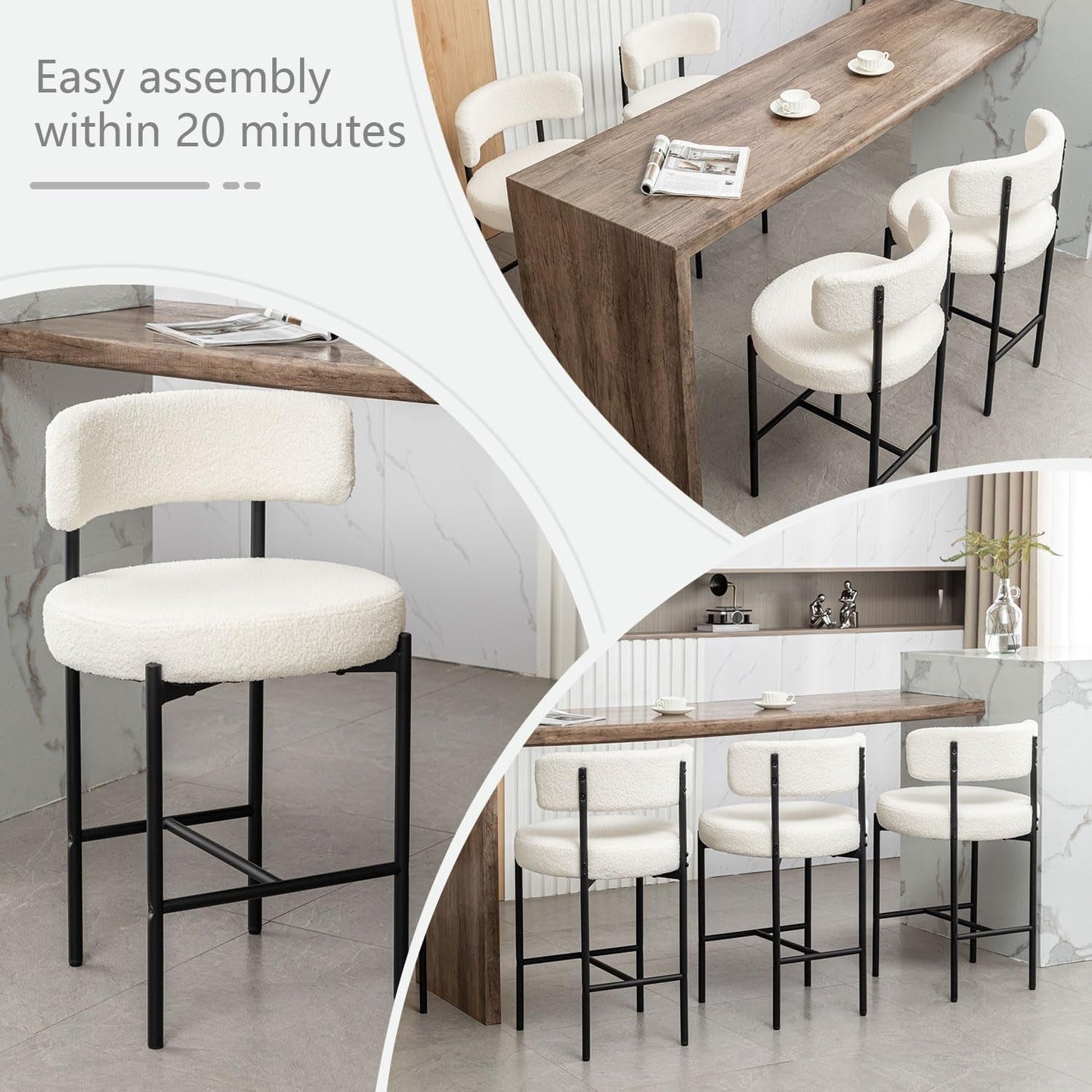 Boucle Bar Stools Set Of 3 24 Inch White Upholstered Counter Stools With Backs