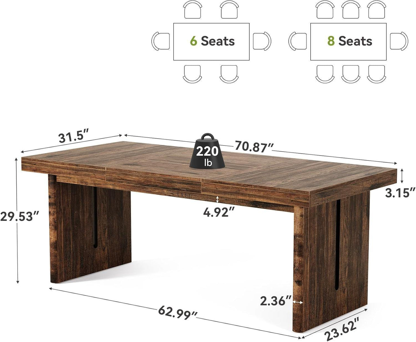 70.8 Inches Deep Brown Rustic Farmhouse Dining Table