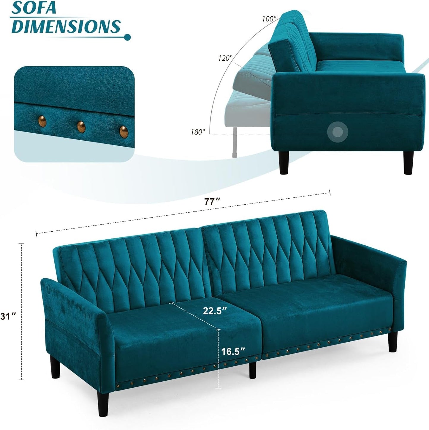 Teal Velvet Convertible Sleeper Sofa With Nailhead