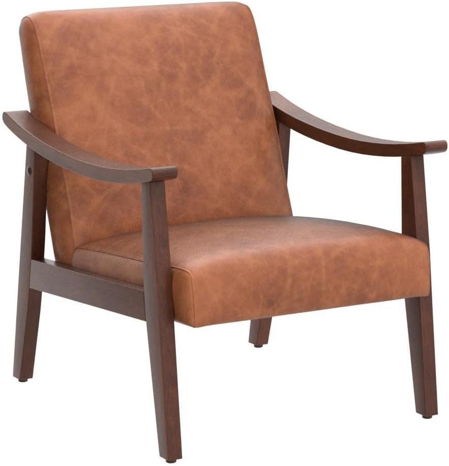 Brown PU Leather Accent Chairs Set of 2 Mid Century Modern