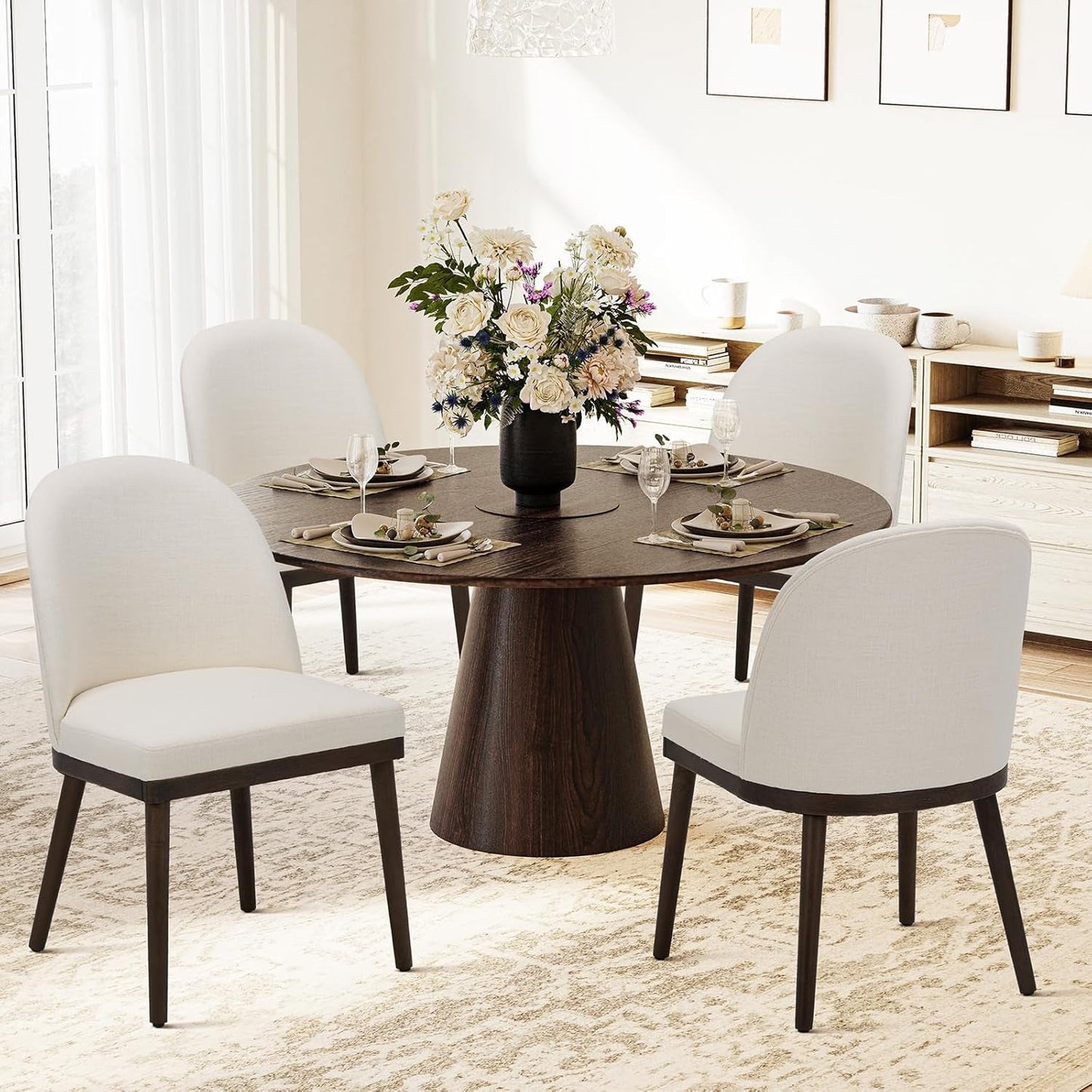 Beige Upholstered Dining Chairs Featuring Wood Frame