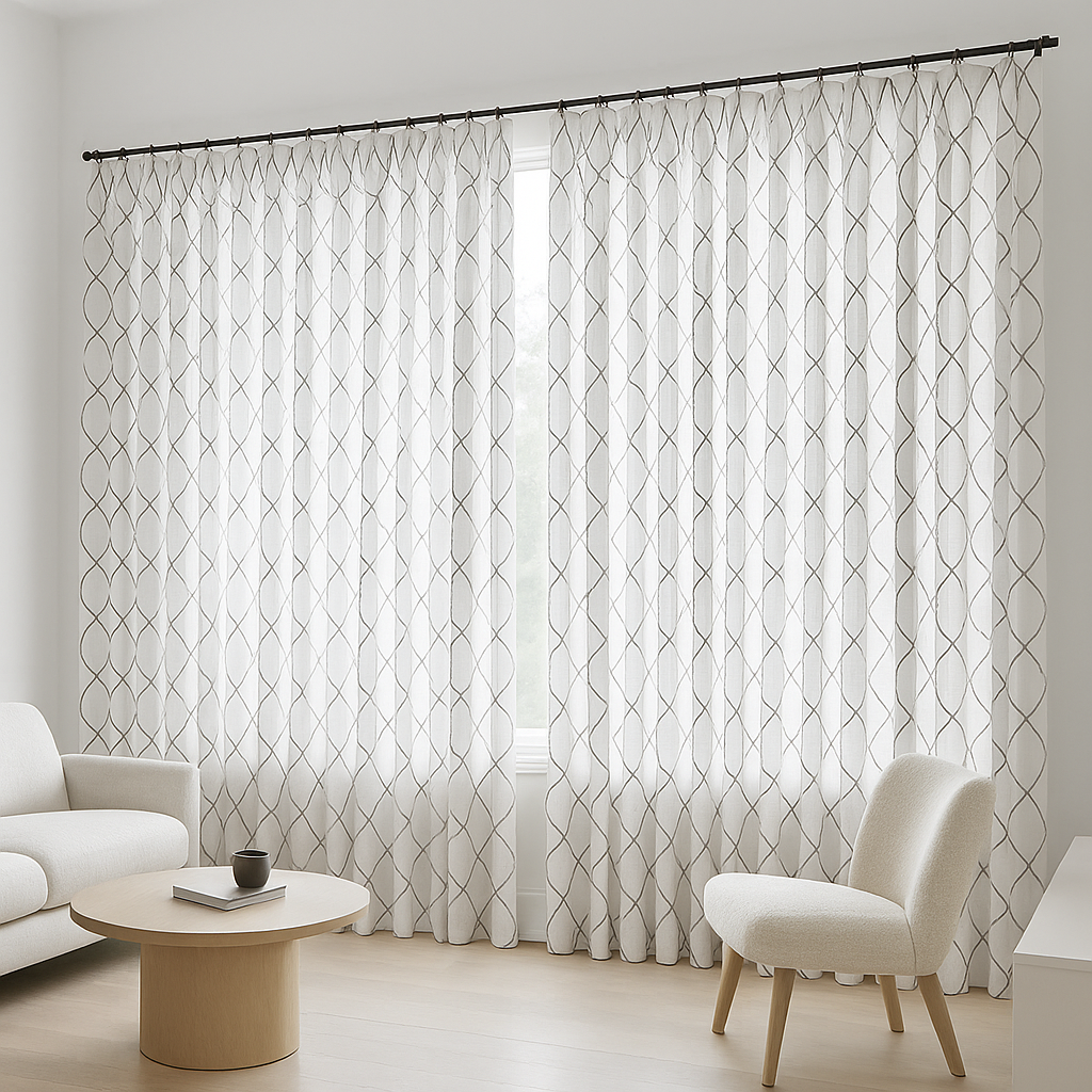 Pure Linen Sheer Curtains with Geometric Embroidered Lattice – Light Filtering Privacy Drapes – Custom Sizes – OEKO-TEX Certified
