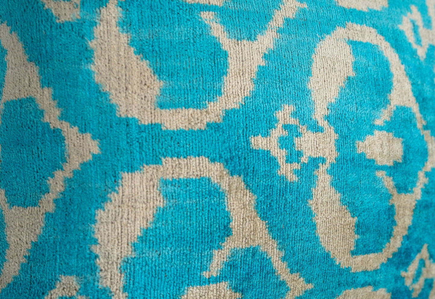 Handmade Velvet Throw Pillow with Turquoise and Beige Ikat Design - High-Quality 20x20 Inch Decorative Accent with Premium Down Feather Insert for Sofas, Couches, and Interior Design