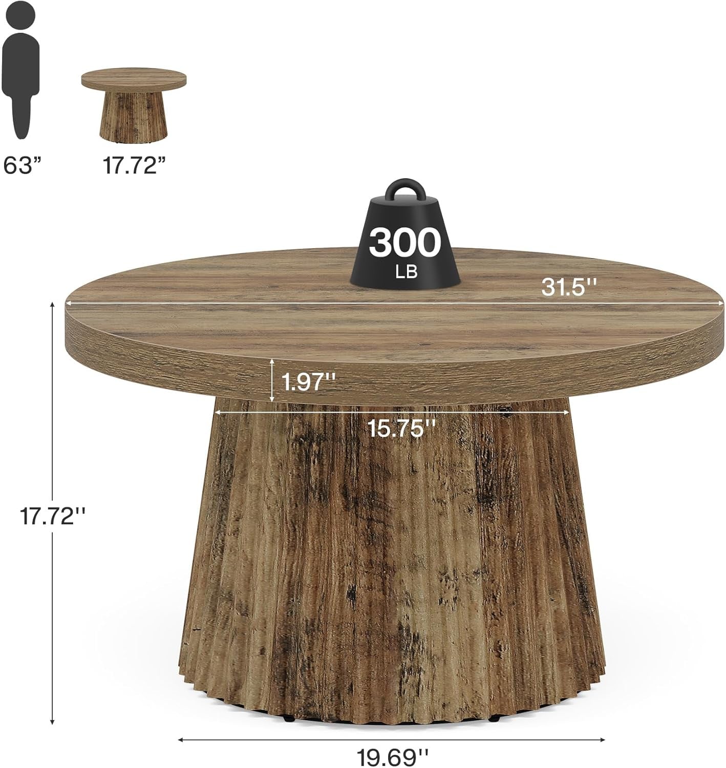 Solid Walnut Round Coffee Table 31.5 Inches Drum Base