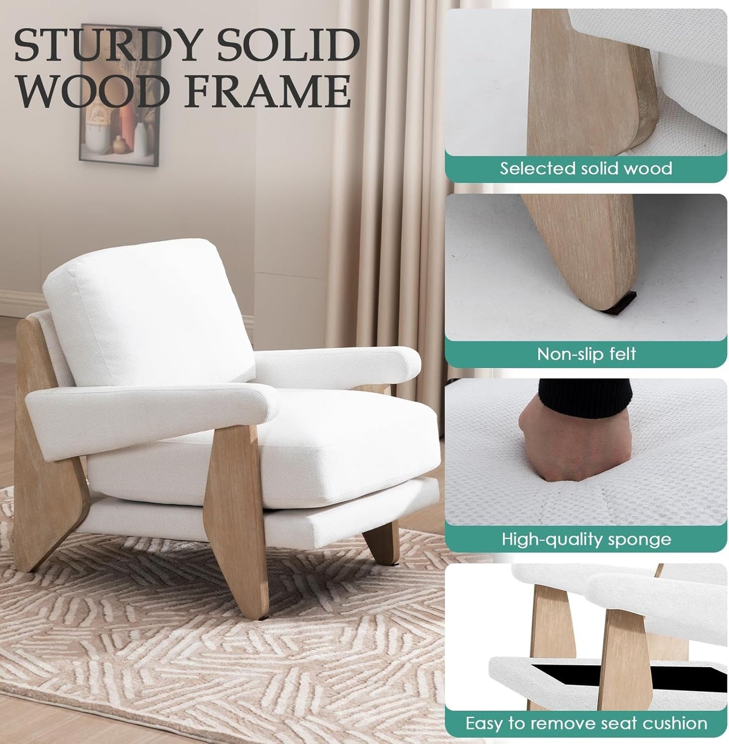 Ivory Chenille Accent Chair Solid Wood LivingRoomSet