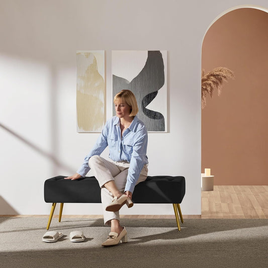 Black Velvet Upholstered Ottoman Bench Golden Legs