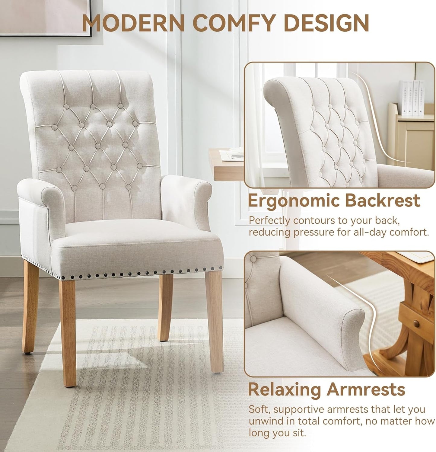 Beige Upholstered Dining Chair With Armrests Tufted