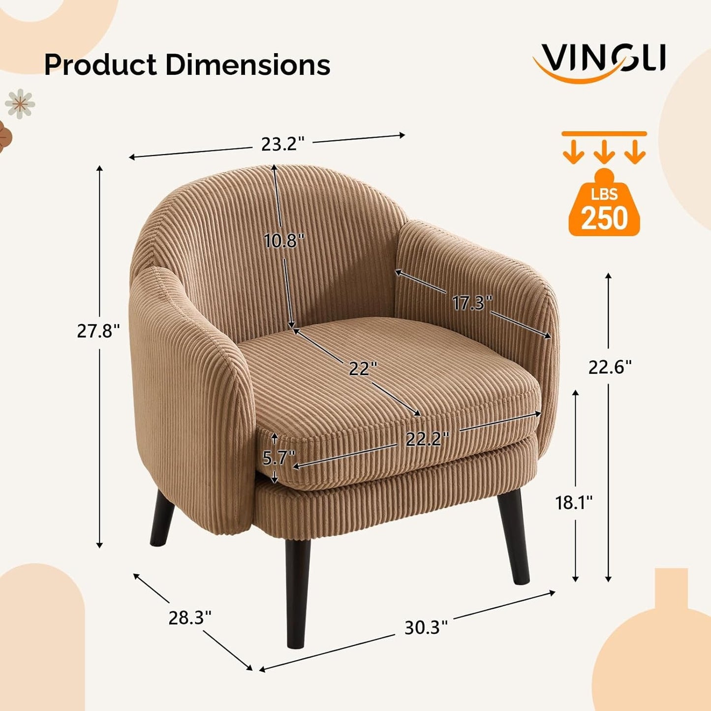 Luxurious Khaki Corduroy Barrel Chair Set 30Inches