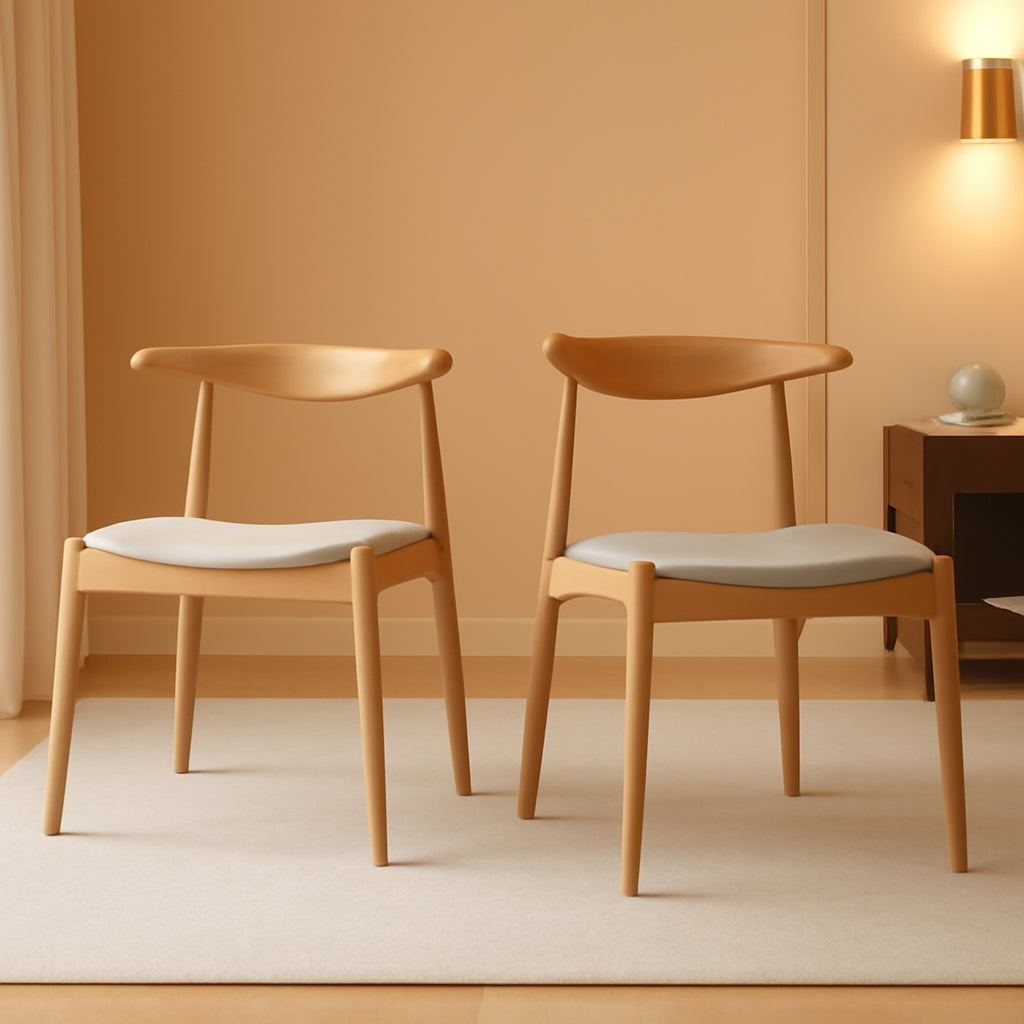 Beige Fabric Dining Chairs With Oak Finish 2 Pack Set