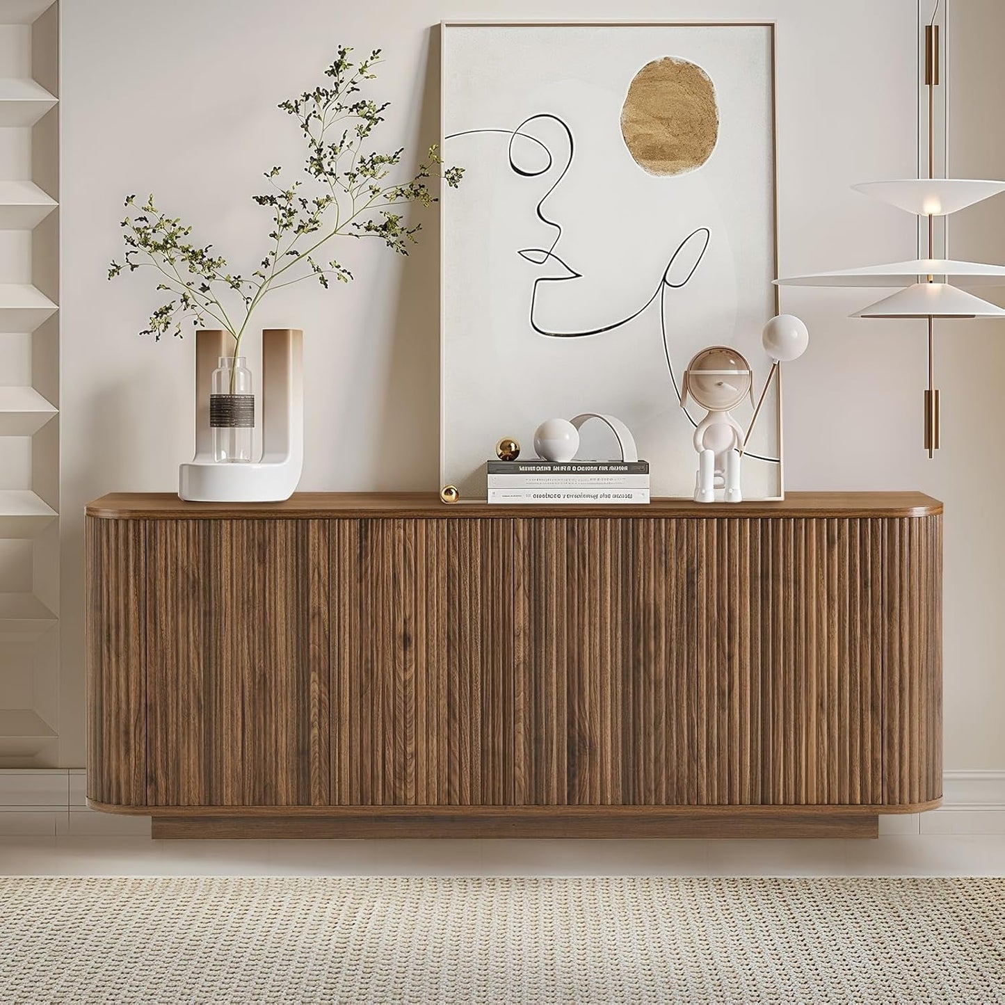 64 Inch Walnut Contemporary Buffet Sideboard Cabinet