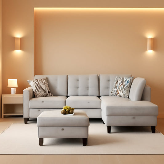 Grey White Flannel L Shaped Sectional Sofa With Ottoman