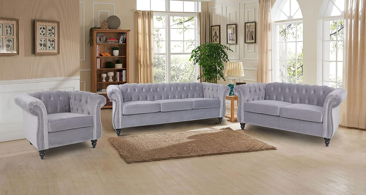 Three Piece Living Room Sofa Set Grey Velvet Chesterfield Sofa Club Chair Loveseat Nailhead Trim