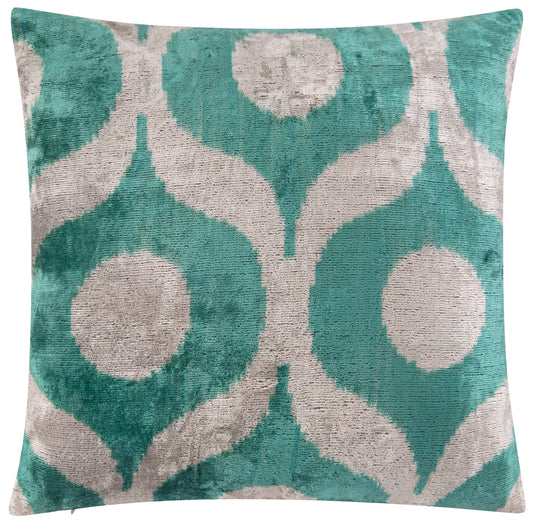 Handmade Velvet Throw Pillow - 16x16 Inches, Naturally Vegetable-Dyed, Premium Down Feather Insert - Teal and Beige Geometric Circle Design, Luxury Home Decor Accent