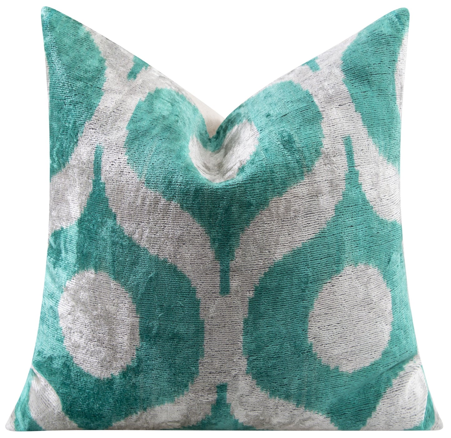 Handmade Velvet Throw Pillow - 16x16 Inches, Naturally Vegetable-Dyed, Premium Down Feather Insert - Teal and Beige Geometric Circle Design, Luxury Home Decor Accent