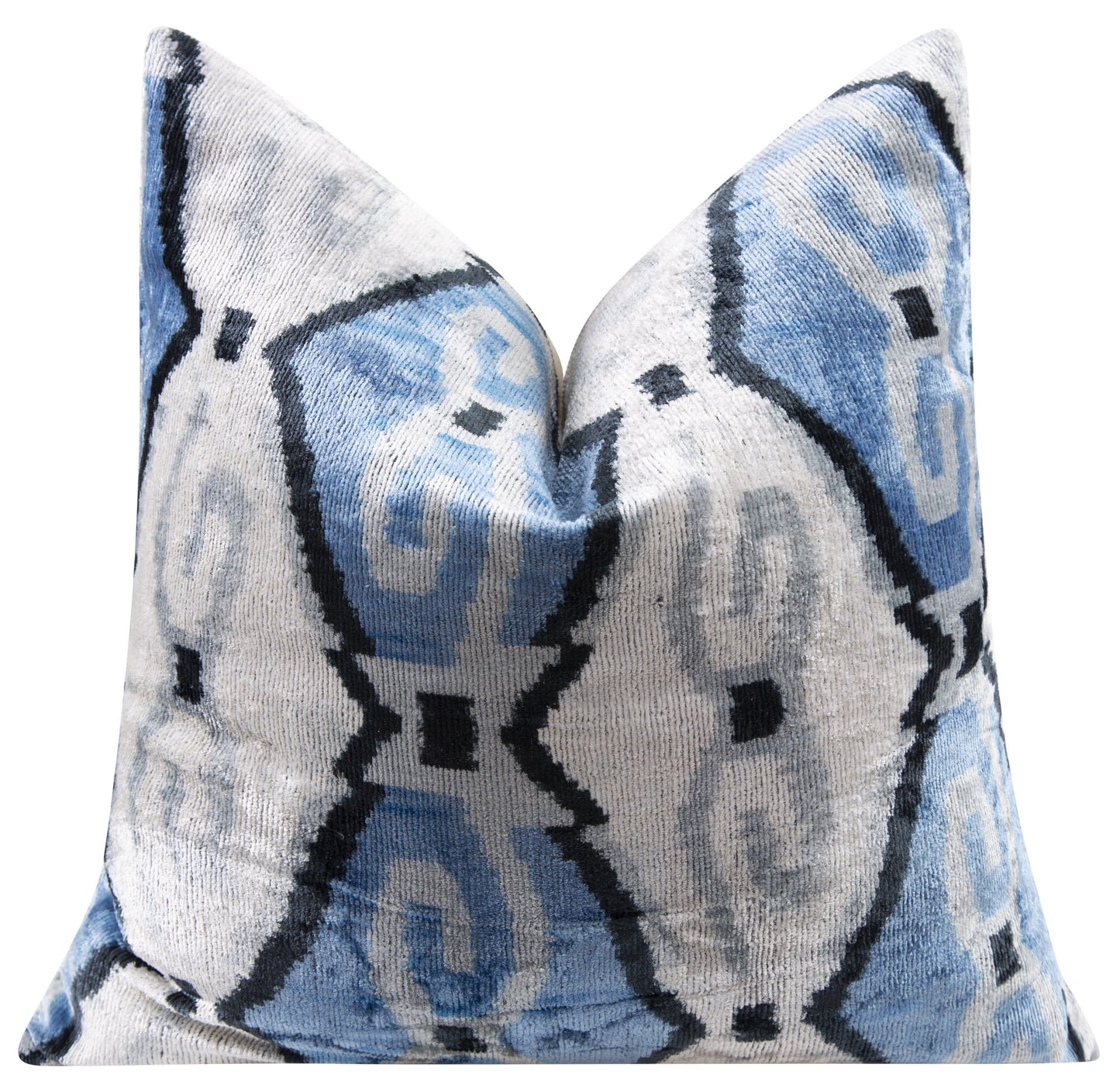 Handmade Velvet Throw Pillow - 20x20 Inches, Naturally Vegetable-Dyed, Premium Down Feather Insert - Blue, Black, and White Ikat Pattern, Luxury Home Decor Accent