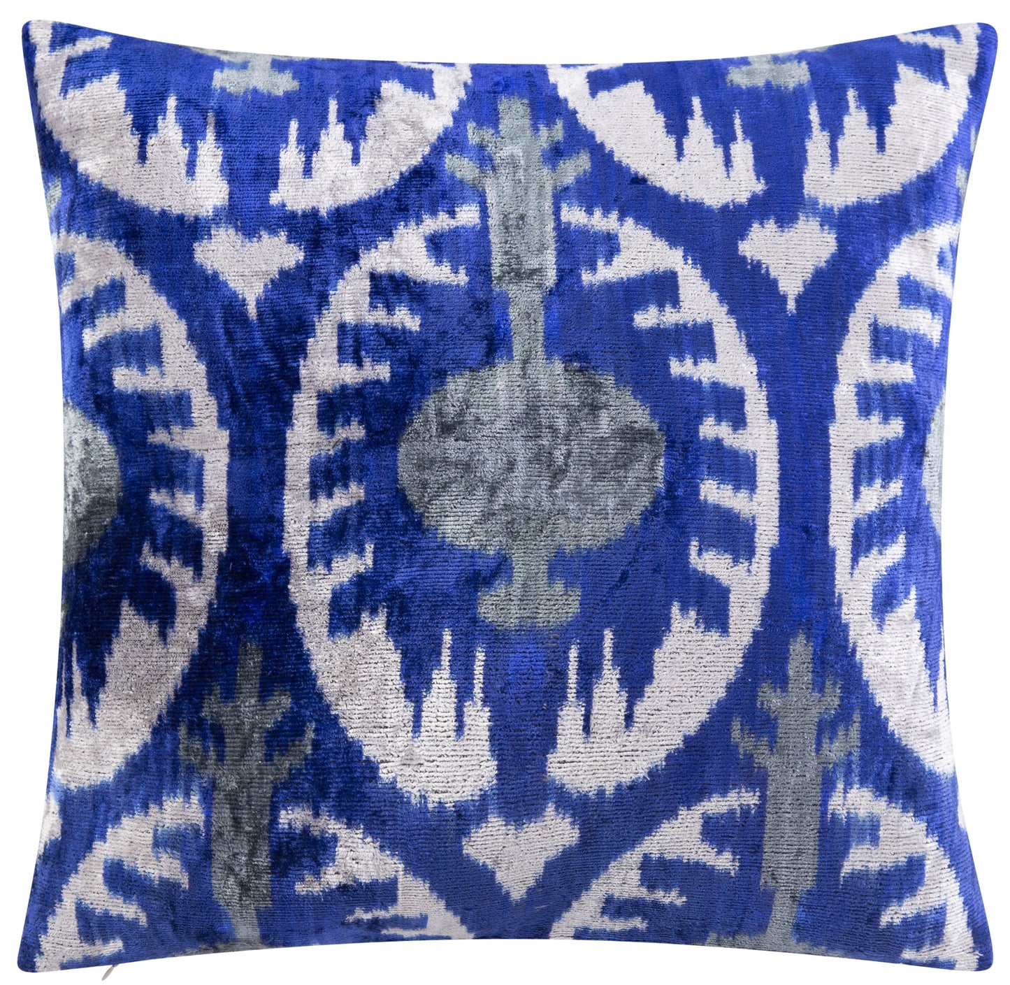 Handmade Velvet Throw Pillow - 16x16 Inches, Naturally Vegetable-Dyed, Premium Down Feather Insert - Blue and Gray Ikat Pattern, Luxury Home Decor Accent