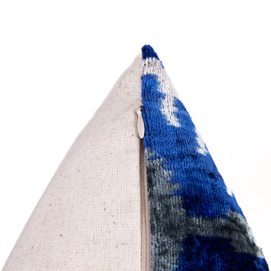 Handmade Velvet Throw Pillow - 16x16 Inches, Naturally Vegetable-Dyed, Premium Down Feather Insert - Blue and Gray Ikat Pattern, Luxury Home Decor Accent