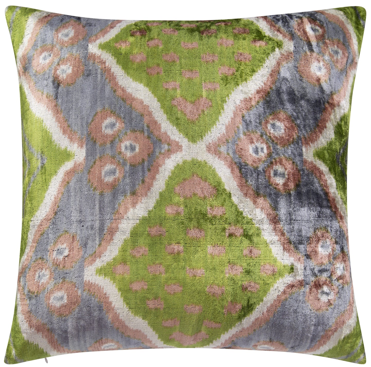 Handmade Velvet Throw Pillow - 20x20 Inches, Naturally Vegetable-Dyed, Premium Down Feather Insert - Green, Gray, and Beige Ikat Pattern, Luxury Home Decor Accent