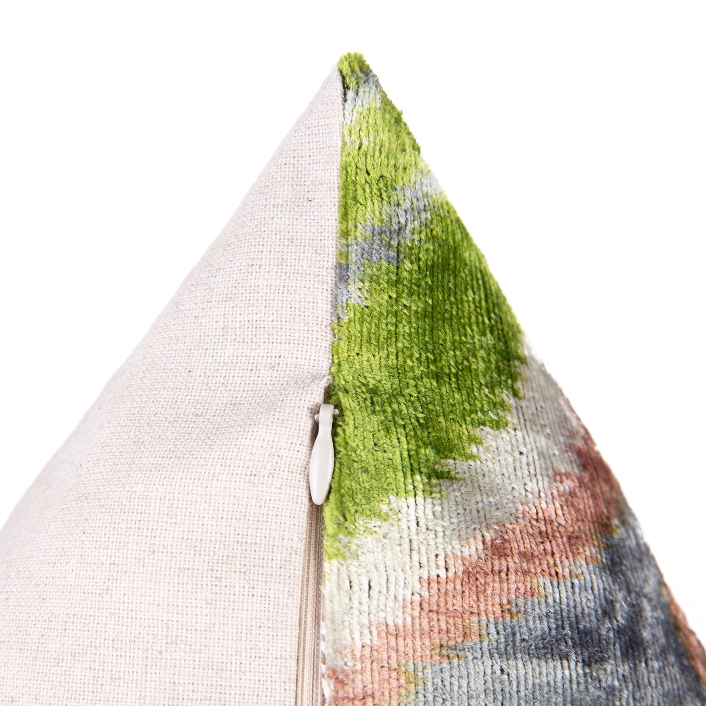 Handmade Velvet Throw Pillow - 20x20 Inches, Naturally Vegetable-Dyed, Premium Down Feather Insert - Green, Gray, and Beige Ikat Pattern, Luxury Home Decor Accent