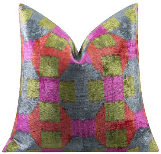 Handmade Velvet Throw Pillow - 16x16 Inches, Naturally Vegetable-Dyed, Premium Down Feather Insert - Multicolor Geometric Checkered Design, Luxury Home Decor Accent