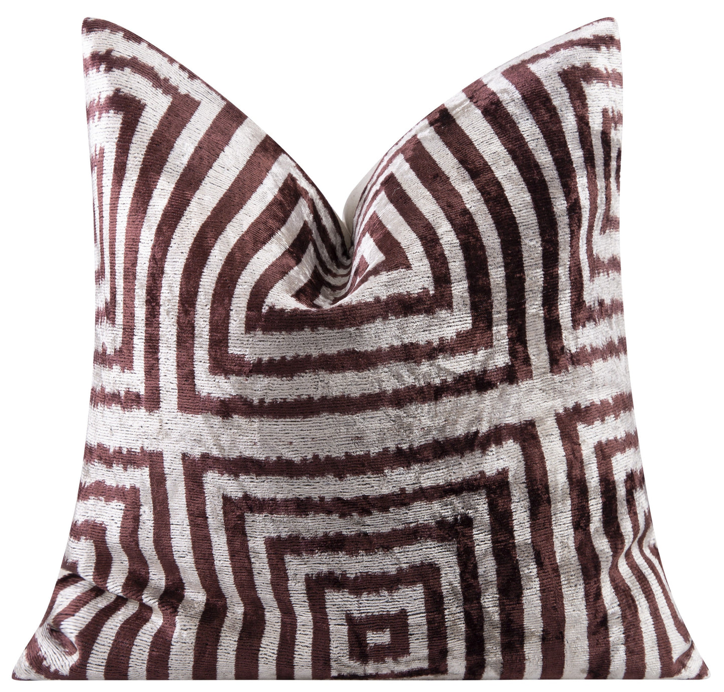 Handmade Velvet Throw Pillow - 16x16 Inches, Naturally Vegetable-Dyed, Premium Down Feather Insert - Brown and Beige Geometric Square Design, Luxury Home Decor Accent