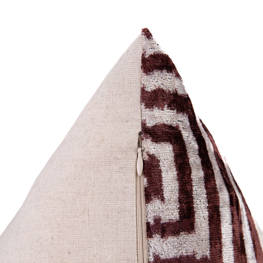 Handmade Velvet Throw Pillow - 16x16 Inches, Naturally Vegetable-Dyed, Premium Down Feather Insert - Brown and Beige Geometric Square Design, Luxury Home Decor Accent