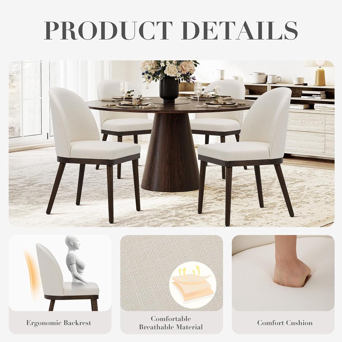 Beige Upholstered Dining Chairs Featuring Wood Frame