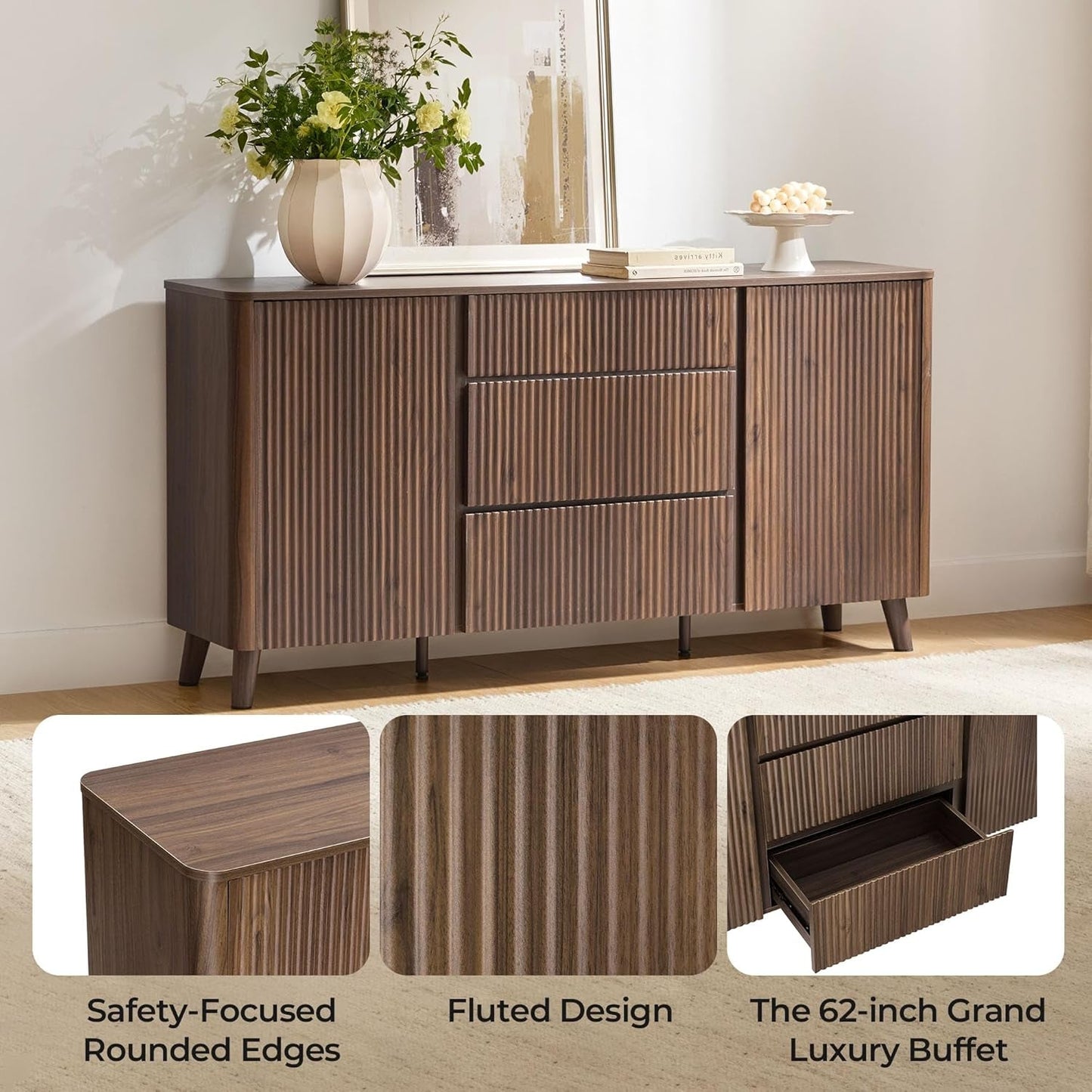 62 Inch Walnut Sideboard Buffet With Adjustable Shelves