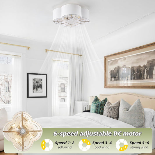 20 Inch Boho White Ceiling Fan With Light Remote Flush Mount