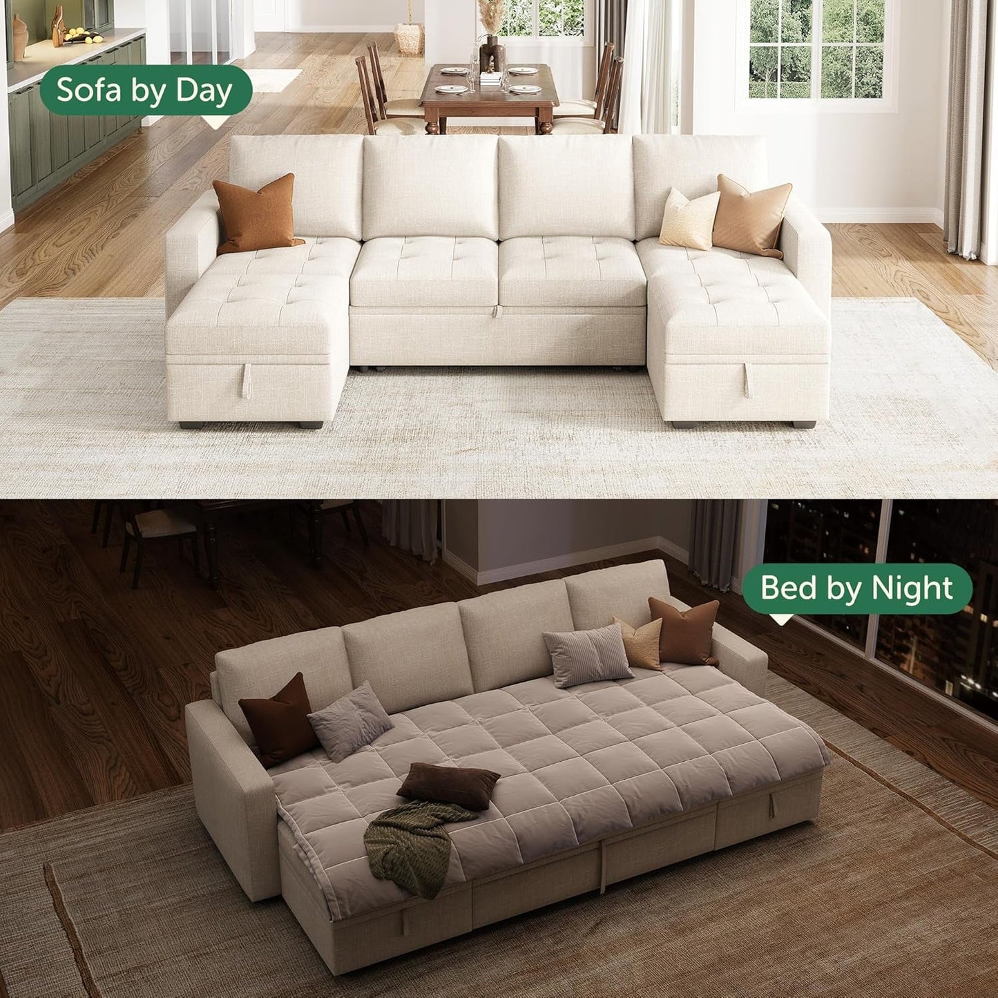 Beige Modular Sleeper Sectional Couch With Storage