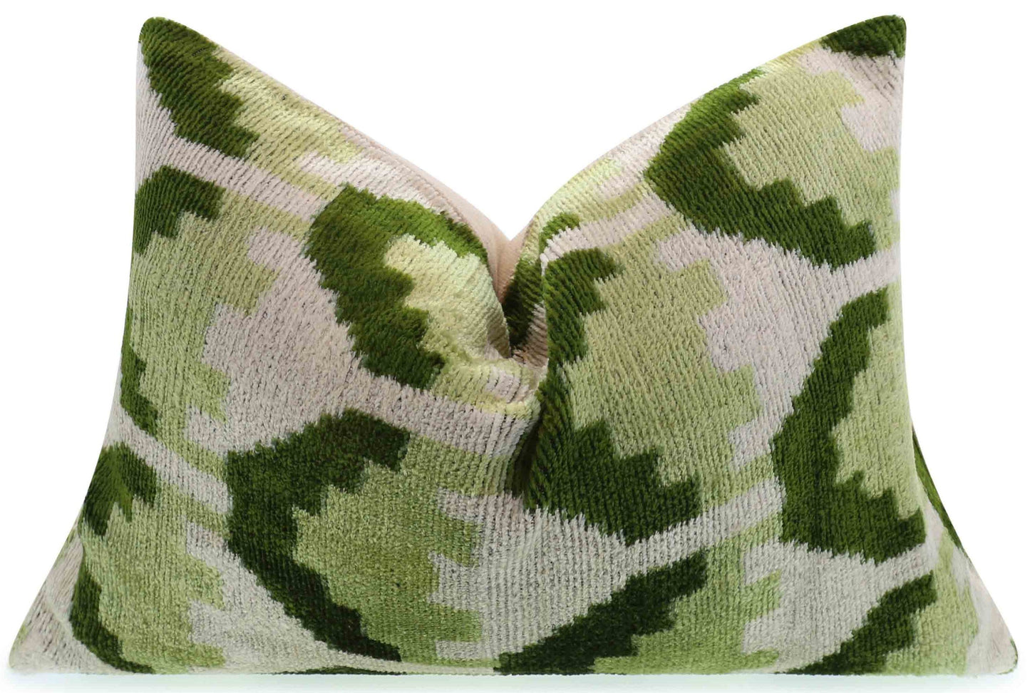 Canvello Handmade Velvet Lumbar Pillow in Green and Cream Ikat Design - High-Quality Decorative Accent with Premium Down Feather Insert