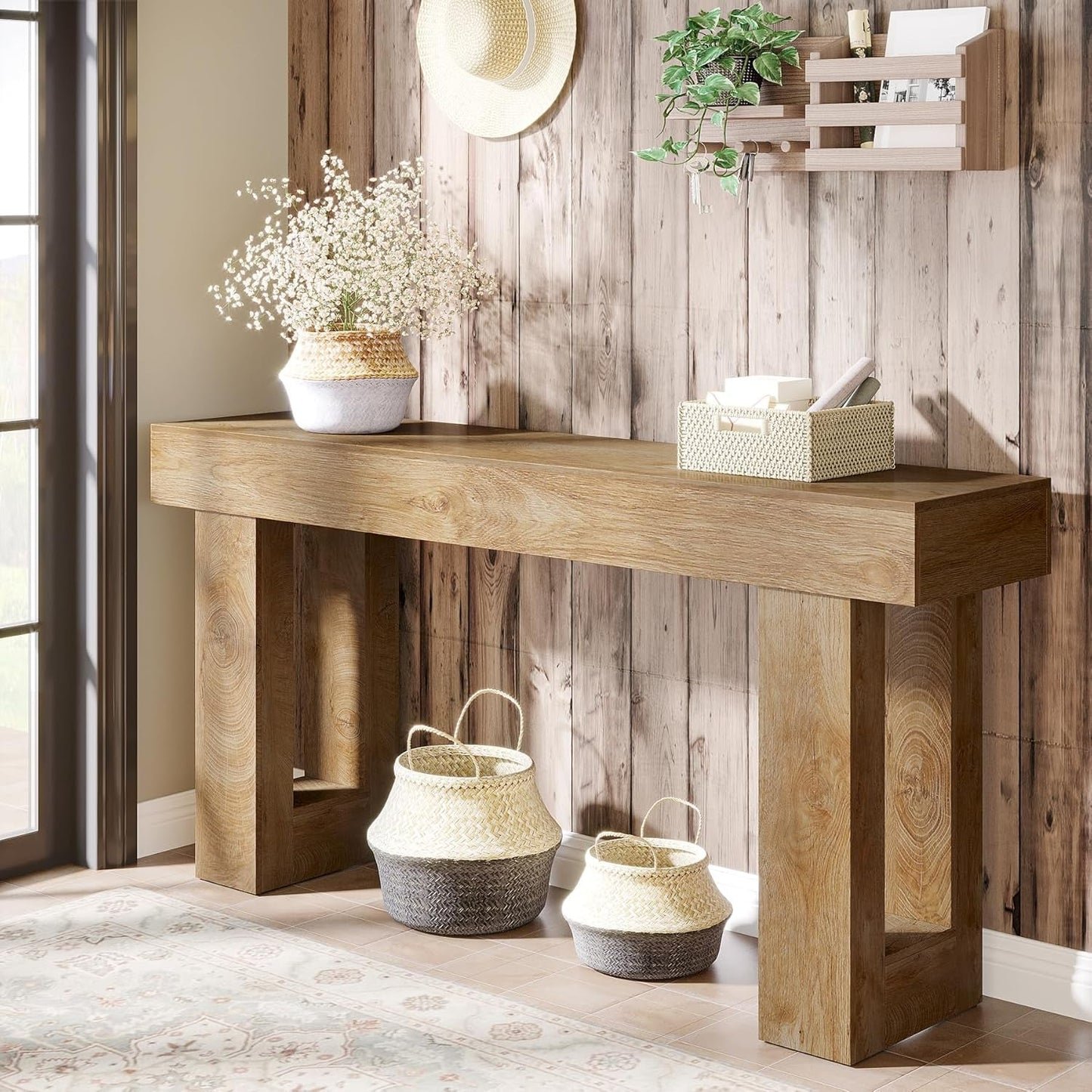 Farmhouse 63Inch Console Table Natural Wood Entryway