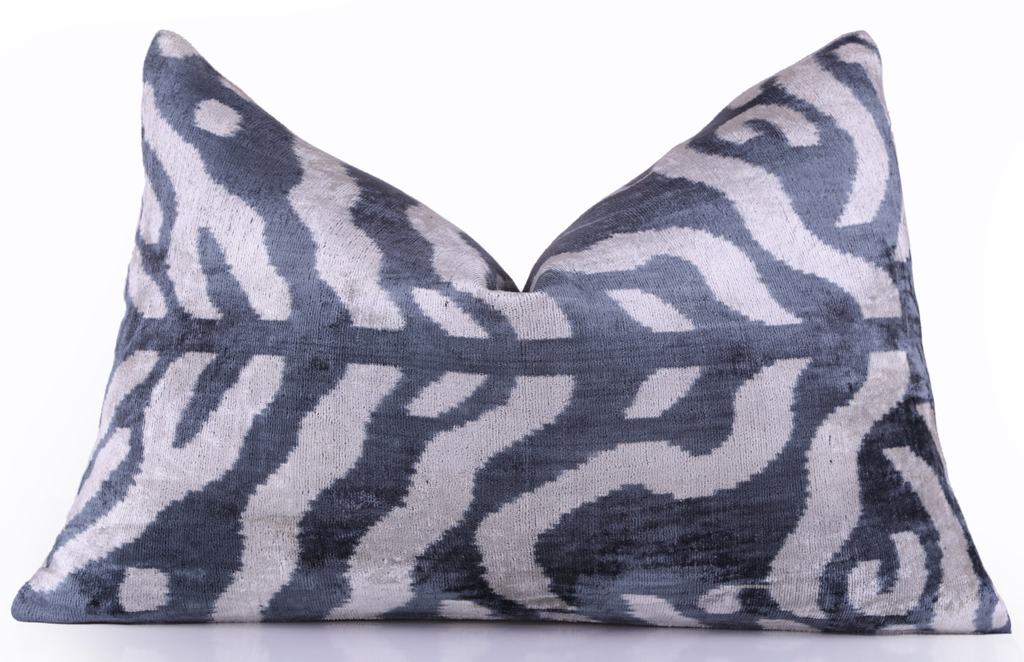 Handmade Velvet Pillow with insert – Blue-Gray Abstract Ikat, 16x24"