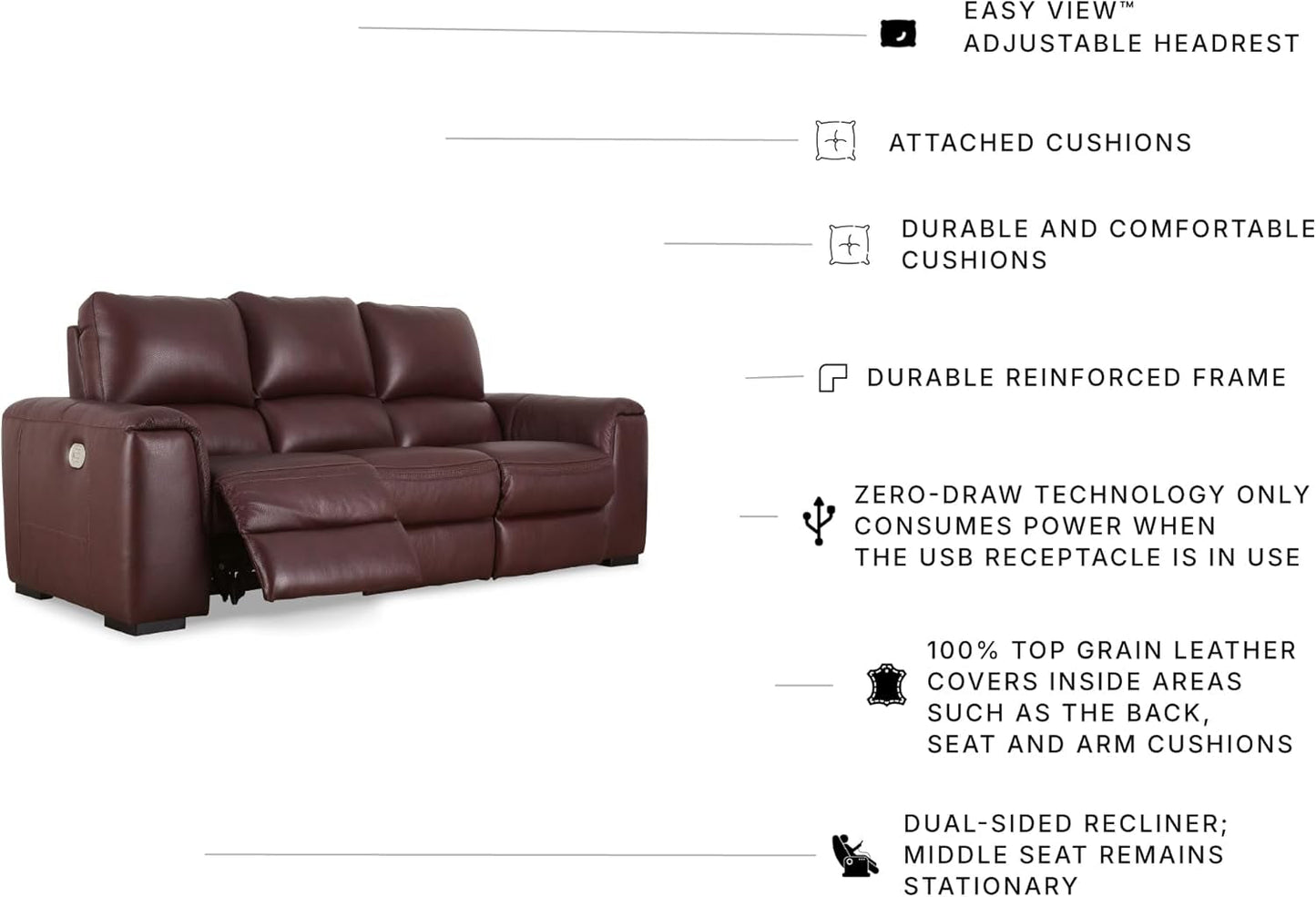Garnet Leather Power Recliner Sofa Adjustable Headrest