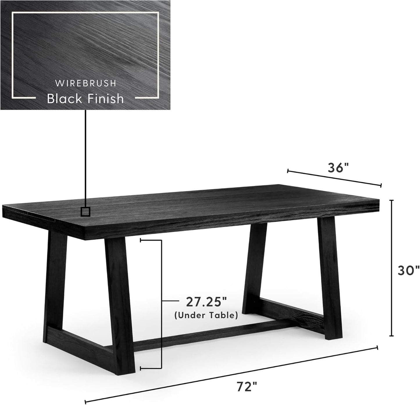 72 Inch Farmhouse Dining Table Solid Wood Black Wirebrush