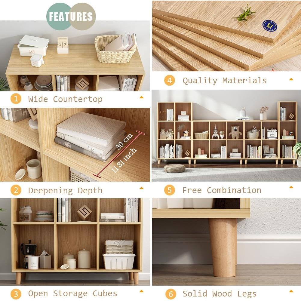 Open Cube Low Bookcase 3 Tier Freestanding Oak Finish