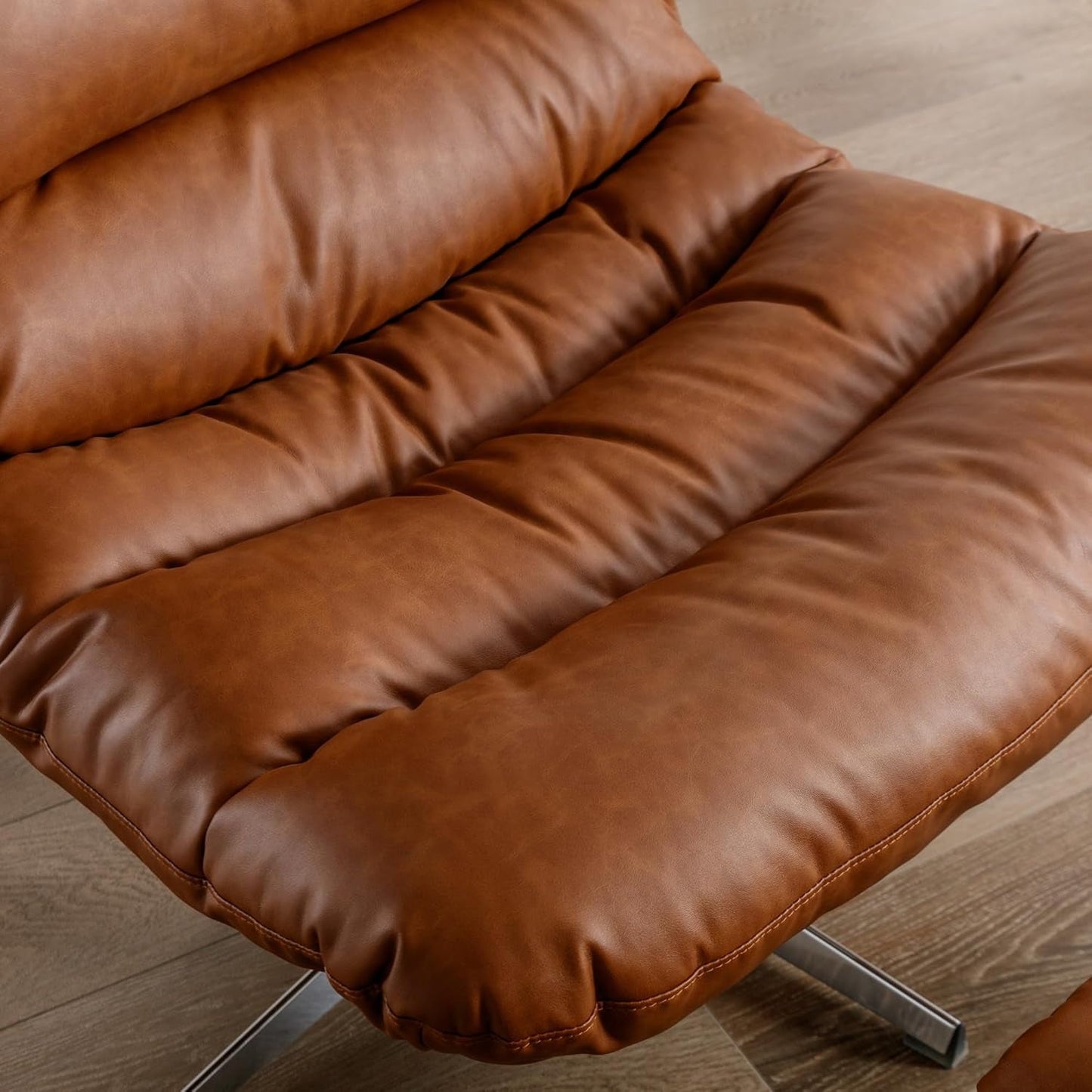 Brown Upholstered Faux Leather Swivel Chair Ottoman